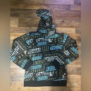 🆕 adidas Boys athletic pullover Hood Sweatshirt Black Aqua Logo Lg 14/16 NWT